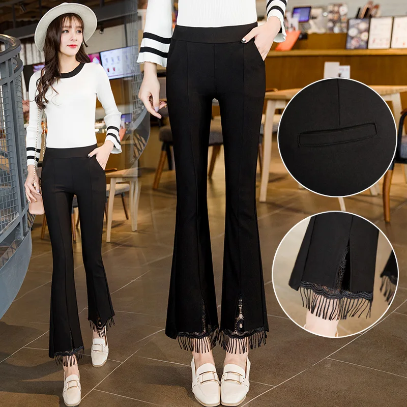 

Female spring black nine points drape micro horn hem split fringe wide leg pants female summer casual pants
