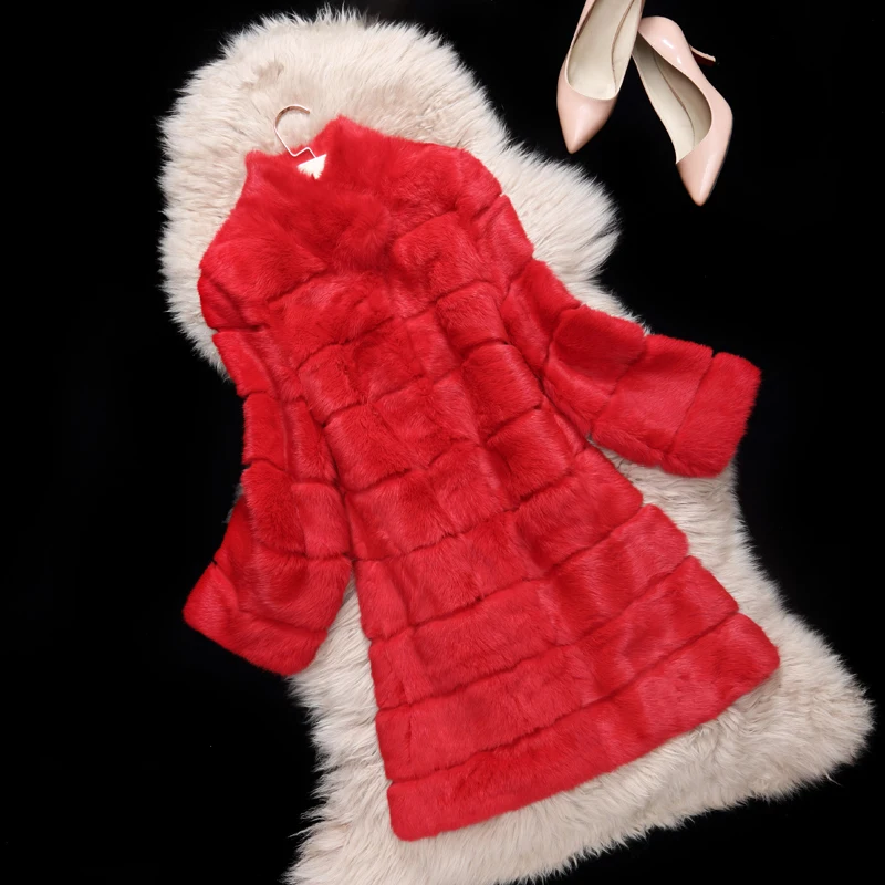 Натуральная кроличья шуба женское Полосатое пальто средней длины с воротником-стойкой осенне-зимняя теплая куртка - Цвет: Красный