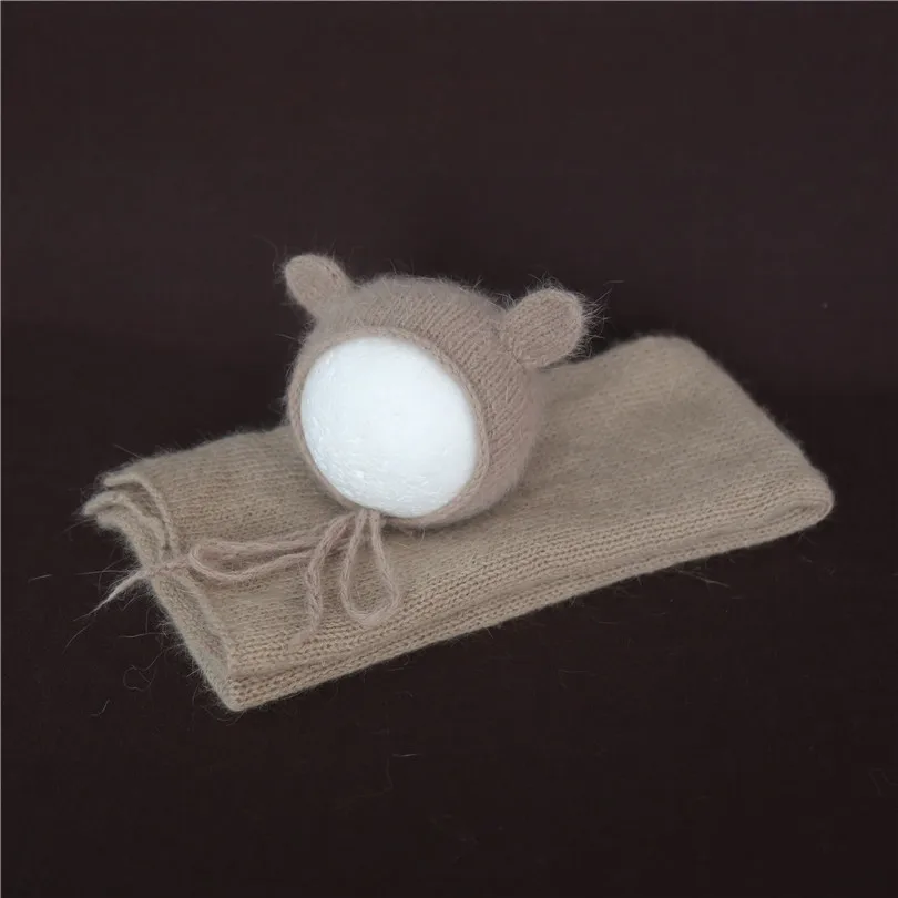 Винтажный комплект из шапки и обертки с мишкой Тедди для новорожденных, милый Ангорский чепчик, пушистый эластичный вязаный детский шарф для пеленания, вязаное одеяло бутафория для фото - Цвет: as photo