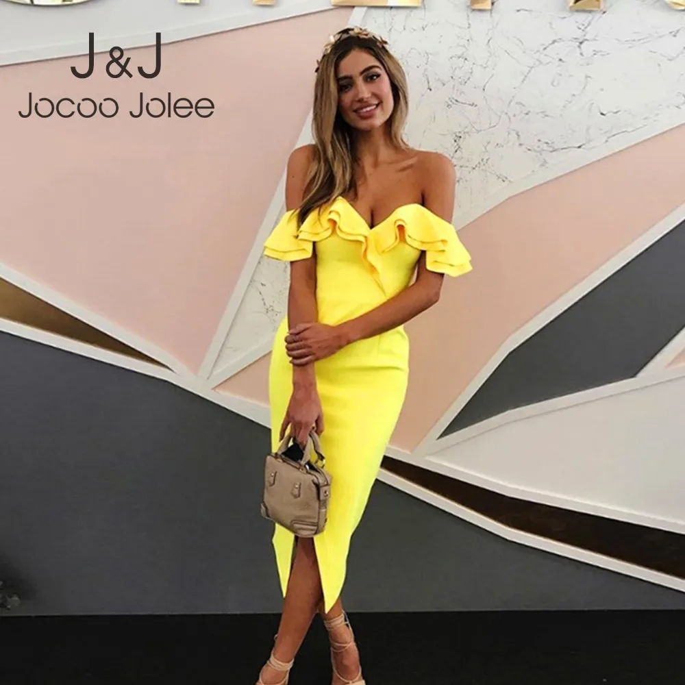 

Jocoo Jolee Women 2019 Summer Sexy Off Shoulder V Neck Split Long Dress OL Ruffle Bodycon Dresses Female Wrap Midi Dresses