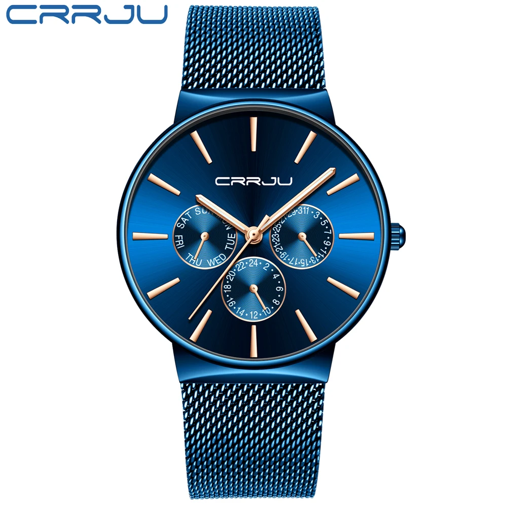 CRRJU, роскошные брендовые новые мужские Модные Цветные повседневные нарядные тонкие кварцевые часы с датой, бизнес стильные синие часы
