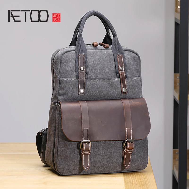 

AETOO Shoulder bag men's canvas with cowhide outdoor travel bag student schoolbag large capacity casual backpack