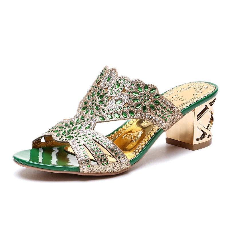 18 стилей; большие размеры 41; женские шлепанцы; шлепанцы с цветами и кристаллами; модельные туфли на высоком каблуке; женские шлепанцы с открытым носком; золотистые туфли-лодочки на каблуке; 7303 - Цвет: Green906