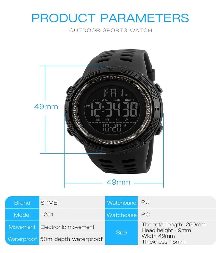 Watch Alarm Chrono Digital Wristwatches 50M Waterproof Relogio Masculino 1251