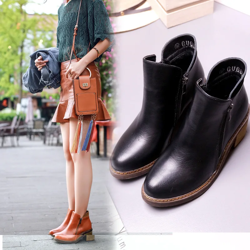 

Autumn Women's Boots Ankle Boots For Women 2016 European Vintage Style PU leather Round toe Short Boots Shoes Women  Black/Brown