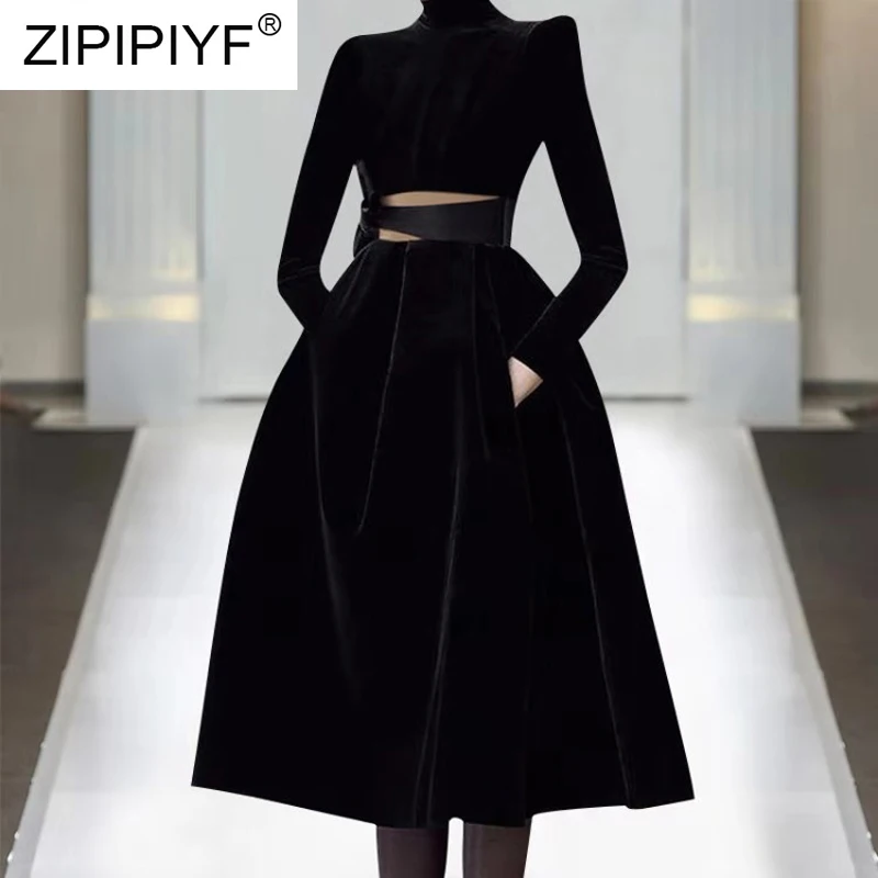 

New 2019 Spring Dress Women's Patchwork Solid Color A Line Dress Vintage Long Sleeve Stand Velvet Loose Hem Party Dress K304