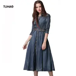 TUHAO v-образный вырез однобортная рубашка Стиль Ретро джинсовое платье с вышивкой пояса Высокая талия А-силуэт винтажные платья женские T82083