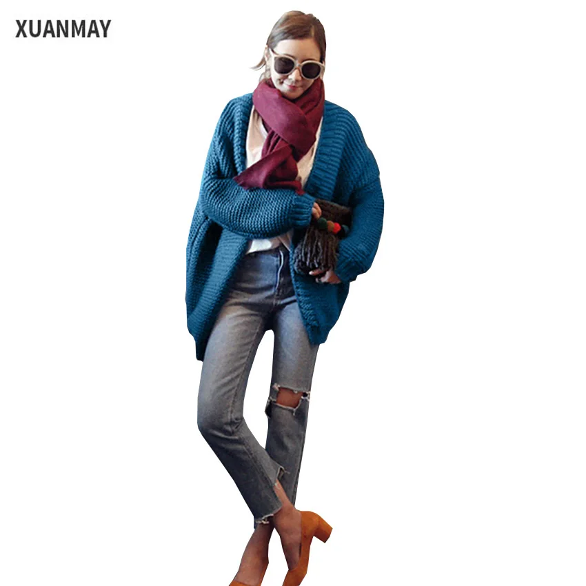 Thick warm Warm wool lady Cardigan sweater coat Fashion casual ladies shirt Loose large size knitted white Cardigan sweater