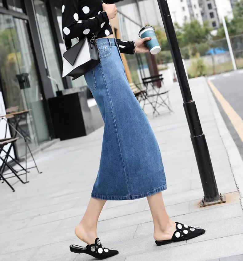 Women Plus Size Front Split Office Lady Straight Denim Skirts 7Xl 8Xl Spring Summer Mid Long Jeans Skirts Mid-Calf Mom Jeans