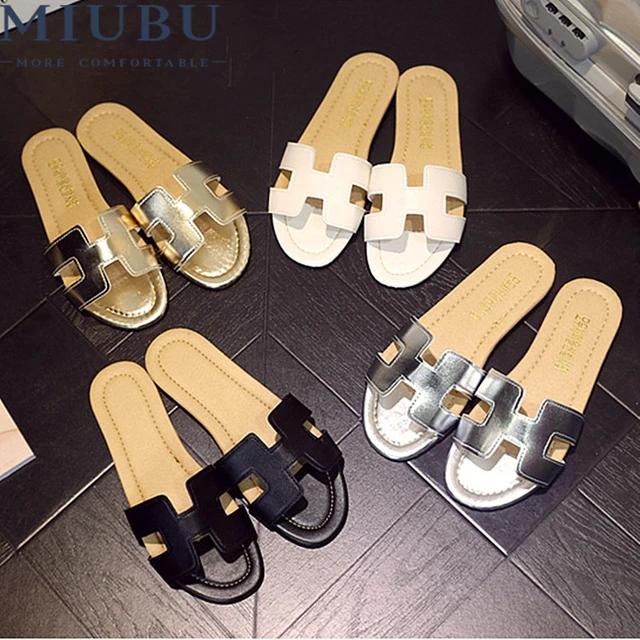 MIUBU Summer H Letter W Slippers Fashion Flat Heel Home Bathroom Slip-resistant Slippers Female Beach Grag Sandals