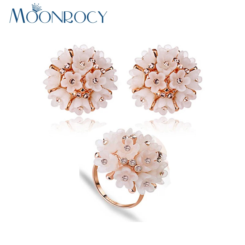 

MOONROCY CZ Crystal Ring and Earring Jewelry Set Wholesale Flower Rose Gold Color for Women Girls Gift Drop Fashion Jewelry