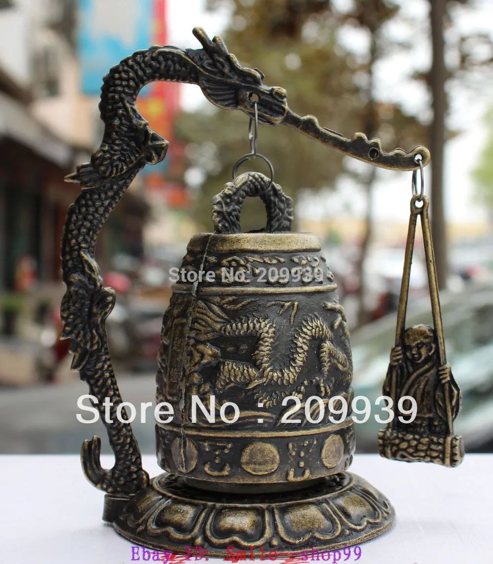 

huij 0017 5"Chinese Bronze Brass Buddhism Dragon Ball Temple Bell Shelf Sculpture statue