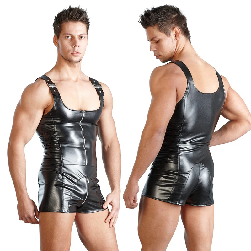Excellent Fashion Men Sexy PU Leather Bondage Bodysuit Fetish Gay Male Clubwear Catsuit Front Zipper Jockstrap Lingerie M-XXL