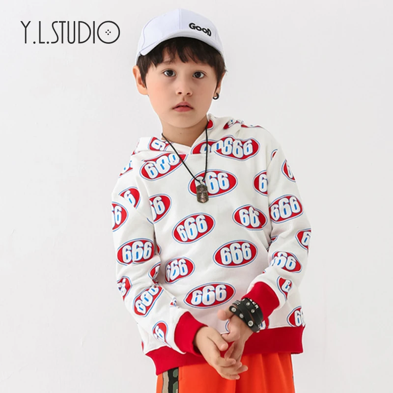 Autumn and Winter Long-sleeved Pullover Baby Boy Fashion Print Hooded Cotton White 666 Pattern Color Matching Trend Clothing |