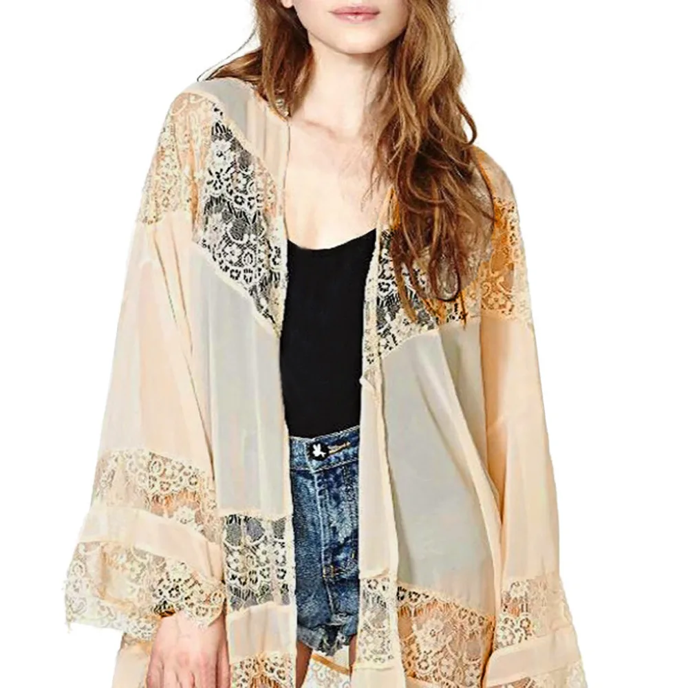 

Women's Fashion Jacket Cardigan Shawl Top Lace Flowers Openwork Stitching Chiffon Solid Clothing Simple Blouse Women Summer 2019
