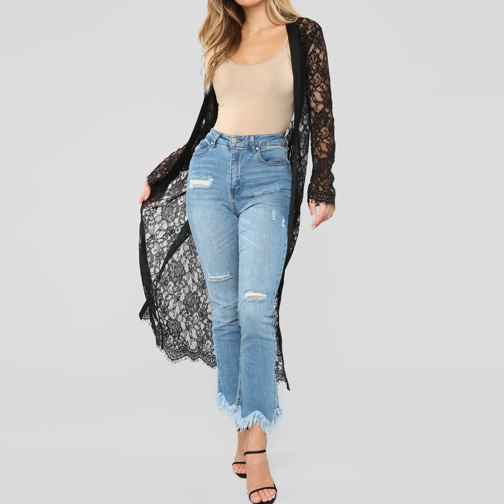 

2019 Lace Solid Bikini Cover Up Long Sleeves Kaftan Beach Dress Summer Women Swimsuit Hollow Out Perspective Beachwear PareoS