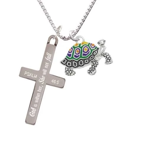 Enamel Side Turtle - She will not Fall - Cross Necklace (1)