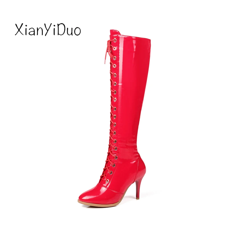 

Xianyiduo Winter Women's Shoes Knee-High Boots red Pointed Toe Zip Cross-tied Short Plush Thin Heels sexy plus size33-43/464