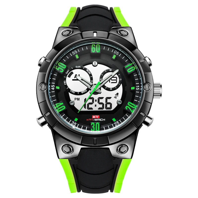 

KAT-WACH Brand New Watch Green Silicone Strap Digital Alarm Day and Calendar Week Stopwatch FunctionChronograph Watches for Man