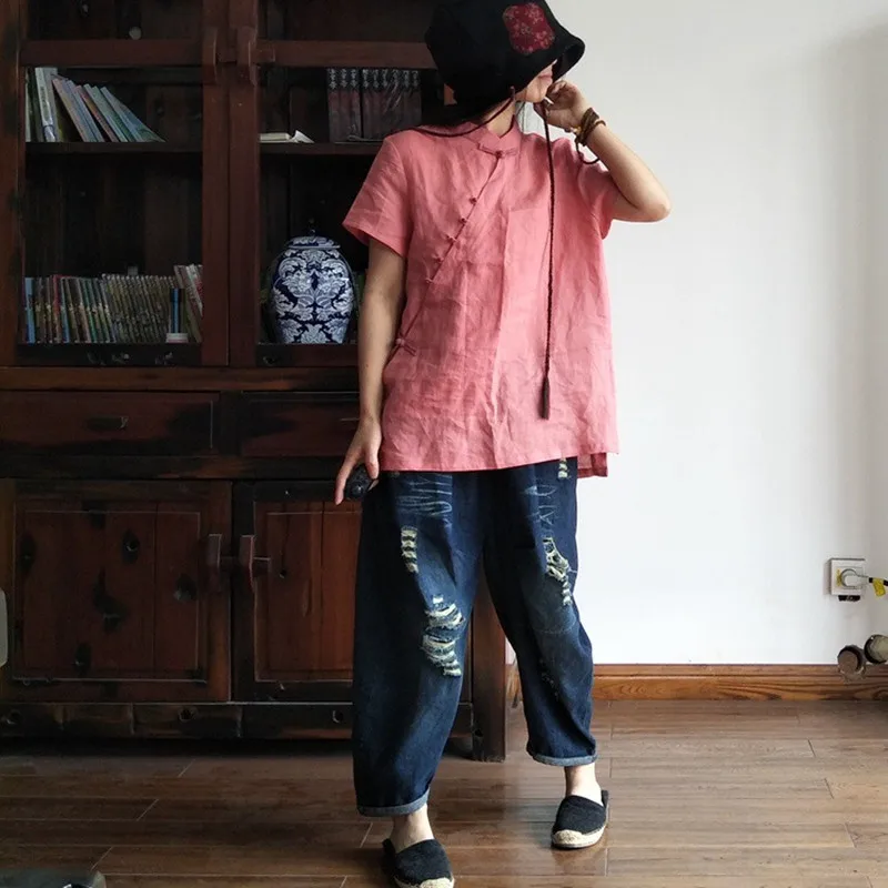 Y Manga naranja Azul caqui Casual Vintage Verano De Mujeres rose Red púrpura Soporte Camisas Rosa verde Blusas Tops Botón rosado Ramio Calidad Nuevo Corta 2018 Johnature twC1x0Uqw