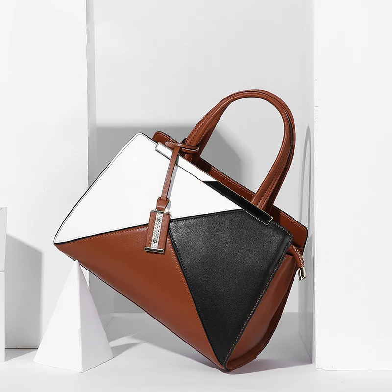 

New Arrival Fashion Contrast Color Genuine Leather Bag For Women OL Commuting Tote Top-Handle Shoulder Crossbody Bag #QSL0936