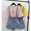 Fashion T-shirt and Overalls Women Suits Solid Striped Sweet Girls Tops Elastic Waist Short Overalls Two Piece Set women suits 1