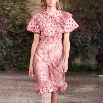 

Chiffon Slim Dress Short Sleeve Thin Ruffled Dress Women's Summer Single-breasted Turn-down collar dot print holiday midi dress