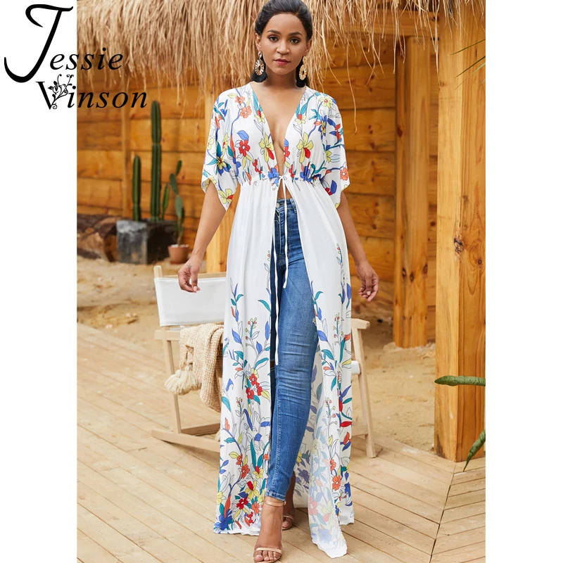 

Jessie Vinson Half Sleeve Floral Printed White Long Kimono Cardigan Women Plus Size X-long Kimono Beach Cover up Sun Proof Tops
