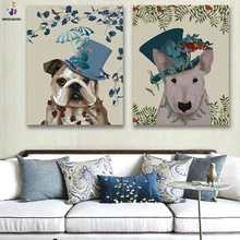 DIY картинки для раскраски по номерам с цветами собака в шляпе бульдог Картина Рисунок Живопись по номерам в рамке дома