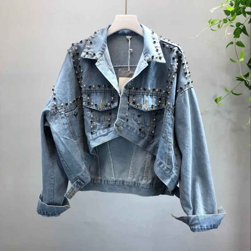 Blue Корейский Harajuku модные джинсы с заклепками куртка для женщин свободный крой Асимметричная Длина джинсовая куртка женская высококачественная одежда короткое пальто - Цвет: Blue