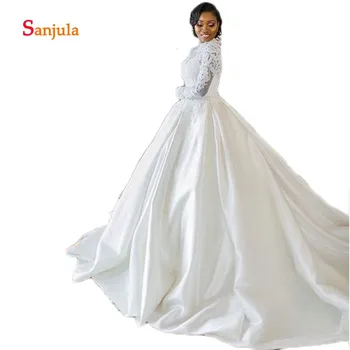 

Muslim Middle East Wedding Dresses High Neck Long Sleeve Elegant Bridal Wedding Gown Appliques Beaded Satin Skirt Ball Gown D724