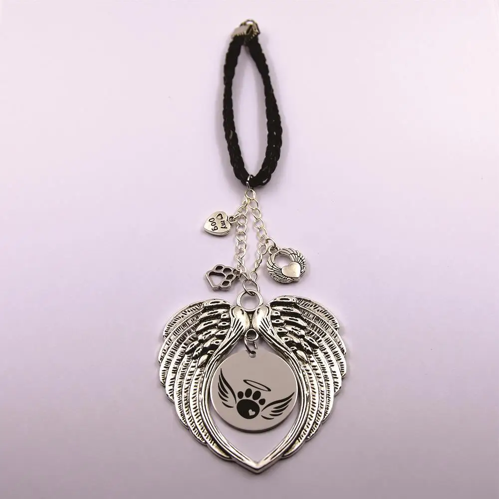 

paw print angel wings in heaven leather chain rearview mirror Christmas tree pet loss pet owner dog lover