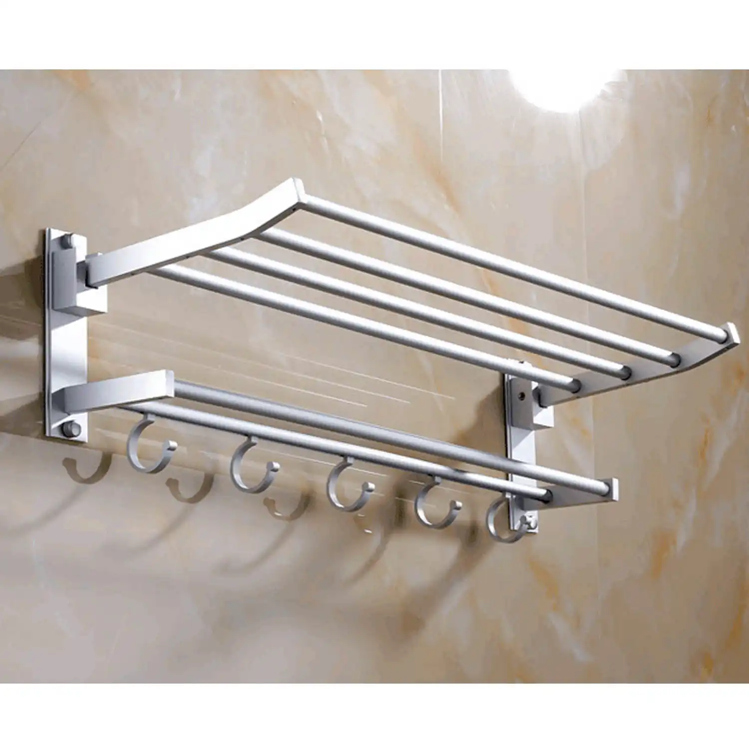 Home Garden Aluminum Bathroom Towel Rack Foldable Wall Mount Holder Shelf Hooks Robe Hanger Home Organization