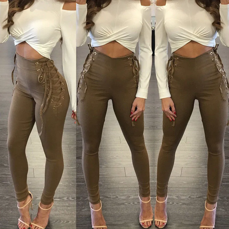 

Trendy Women clothes solid High Waist bandage zipper Pants Polyester casual slim Trousers one pieces
