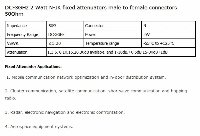 Beceb 2 Вт N-JK rf аттенюатор, DC-3GHz, 50ohm 1db, 2.db, 3db, 5db, 6db, 10db, 15db, 20,30, 40db