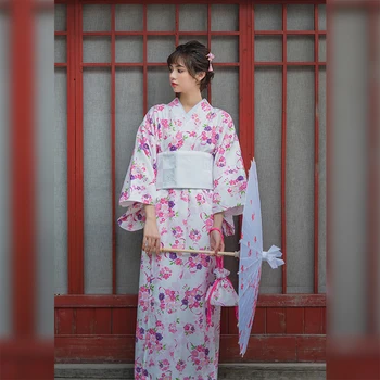 

Pink Elegant Women Kimono Yukata Japanese Style Cosplay Costume Print Floral Noble Lady Evening Dress Stage Show Clothing S M