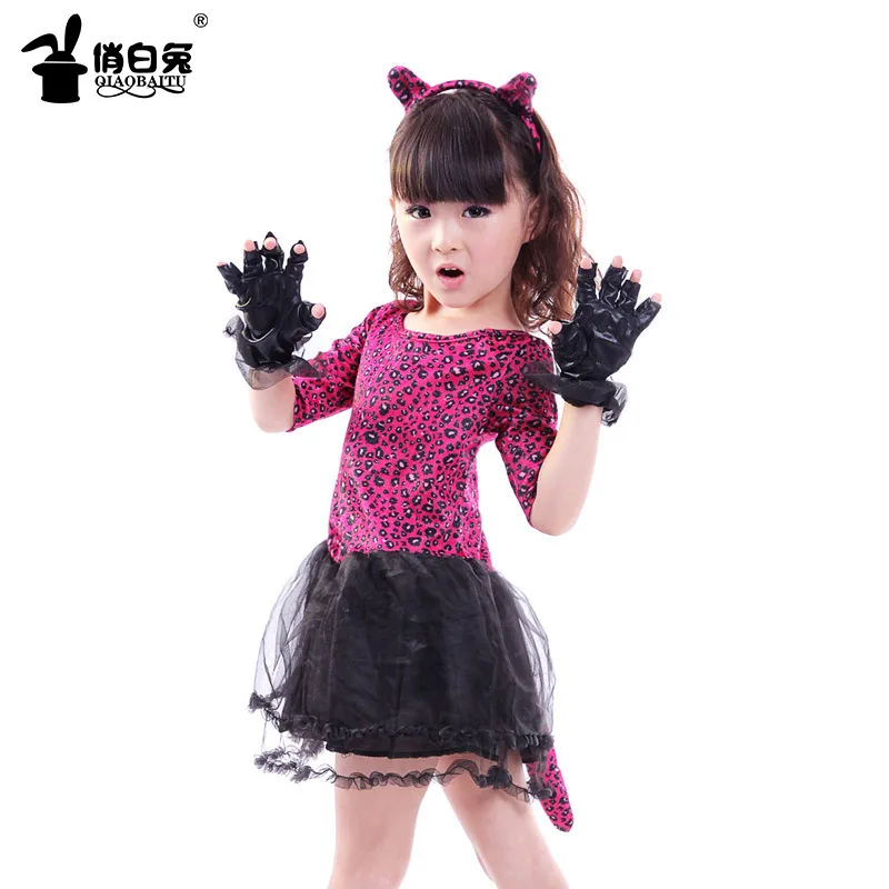 Girls Dresses 2019 Brand Kids Clothes Leopard Print+Black Gloves + Cute Cat Ear Rings Kitten Short Sleeve Children Dress | Тематическая