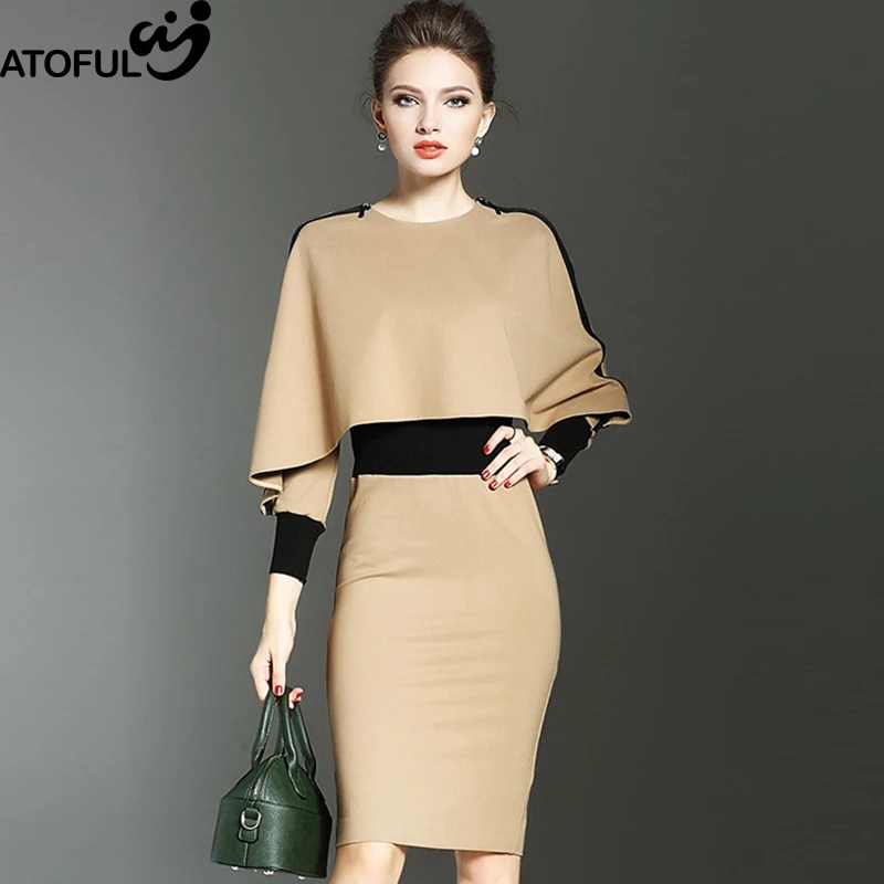 

ATOFUL 2017 Autumn Winter Dress Women Formal Work Office Sheath Patchwork Slim Dress O Neck Knee Length Plus Size Pencil Dress