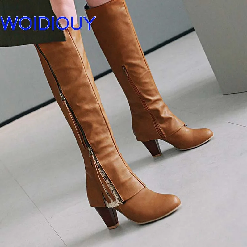 

Leather Long Boots Zip Lace Patchwork High Heels Shoes Women Boots Handmade Plush Ethnic Shoes Woman Snow Booties Botas Mujer