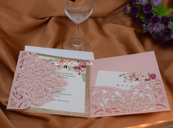 

Luxurious Pink Laser Cut Glitter Pocket Quinceanera Invitation with RSVP Card Invitations For First Holy Birthday Engagement