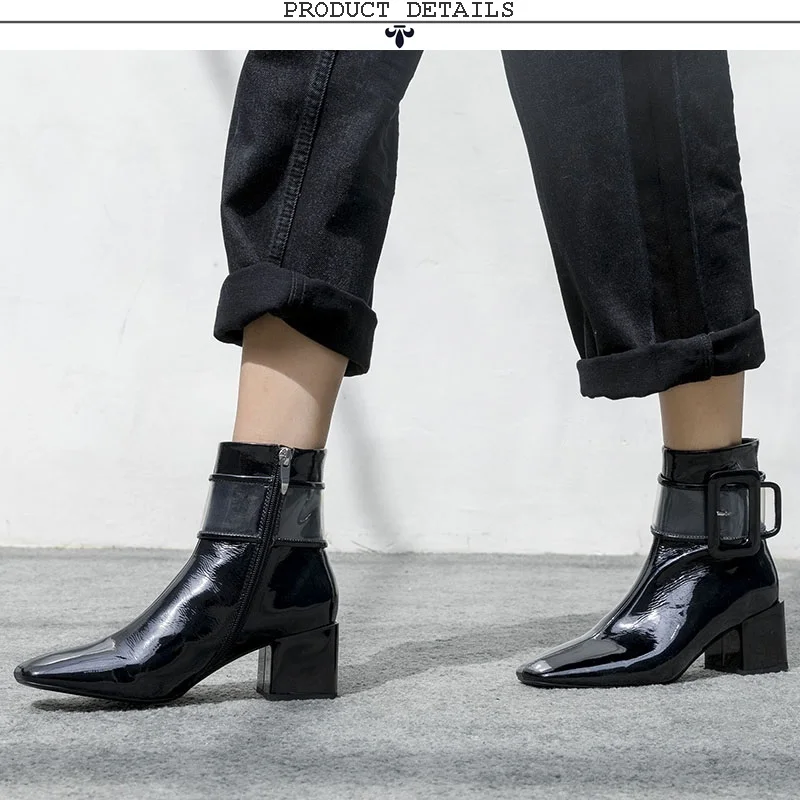 ZVQ/Женская обувь; Новинка года; модные зимние ботинки из лакированной кожи; женские ботильоны с квадратным носком на высоком квадратном каблуке на молнии; цвет черный, бежевый