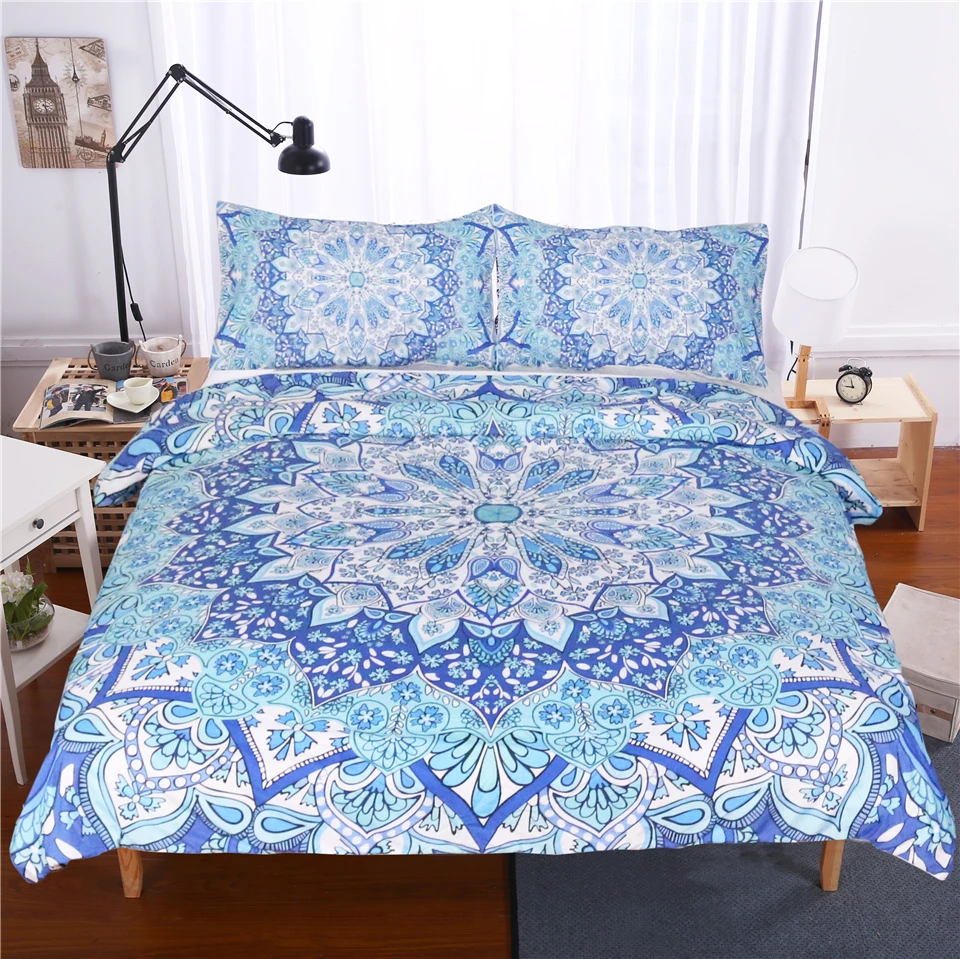 

LISM Bohemian Bedding Set Floral Paisley Pattern Duvet Cover Set Sky Blue India Hippie Mandala Bedspread Full Size 3 Piece