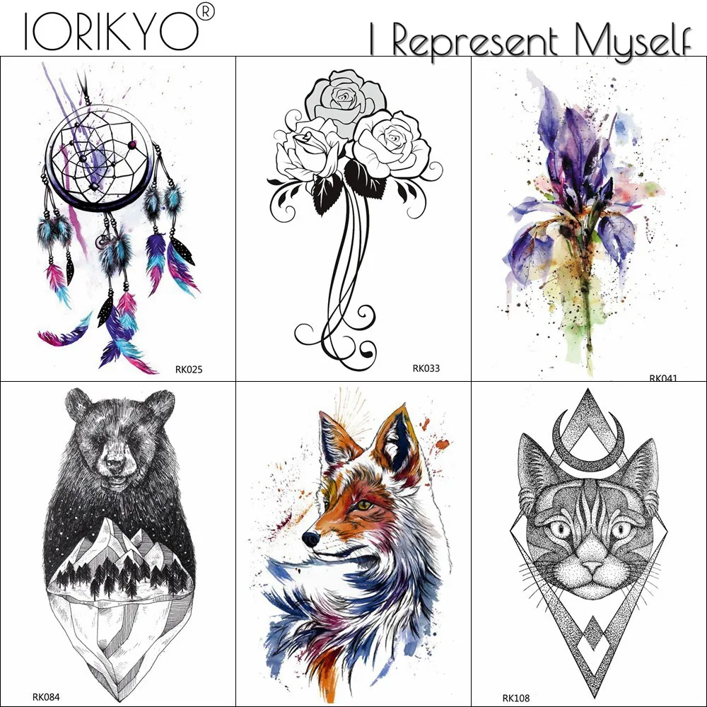 033 21 De Réductioniorikyo Femmes Poitrine Tribal Renard Tatouage Autocollants Hommes Bras Géométrique Chat Lune Temporaire Tatouage Fleur Faux