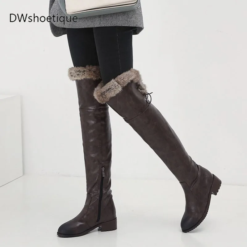 

New winter warm fur women long boots zipper chunky heel outside women over knee boots