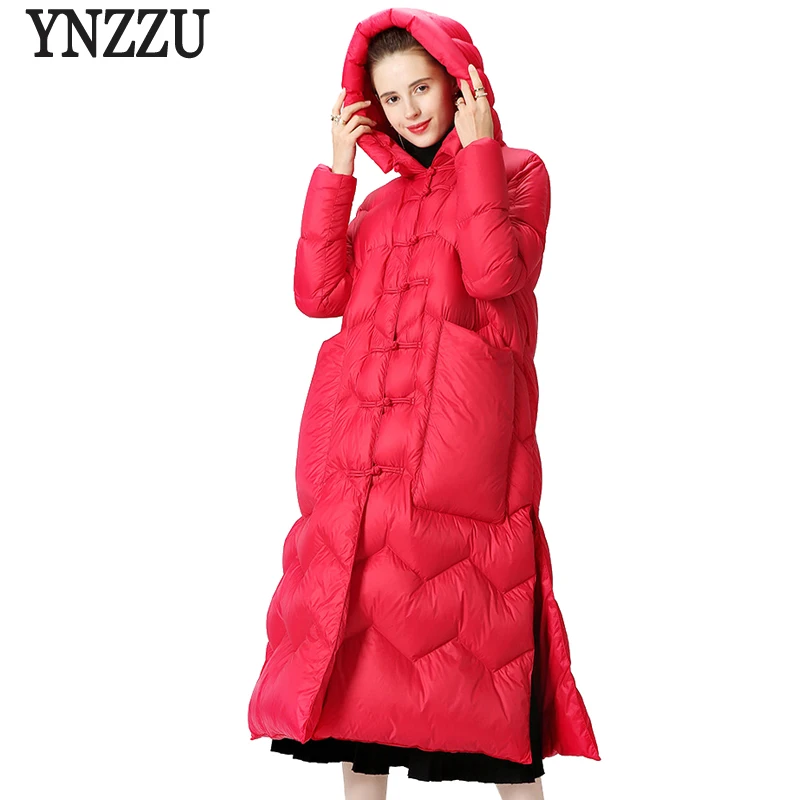 YNZZU новый элегантный зимний женский пуховик однотонное длинное пальто с разрезом