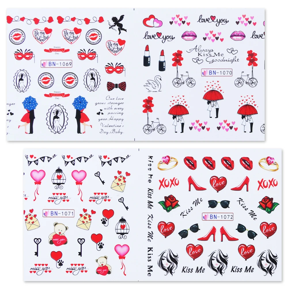 12 видов конструкций наклейки для ногтей в виде губ, сердечек, на День святого Валентина, украшение для маникюра, водные слайдеры, LABN1069-1080 для дизайна ногтей