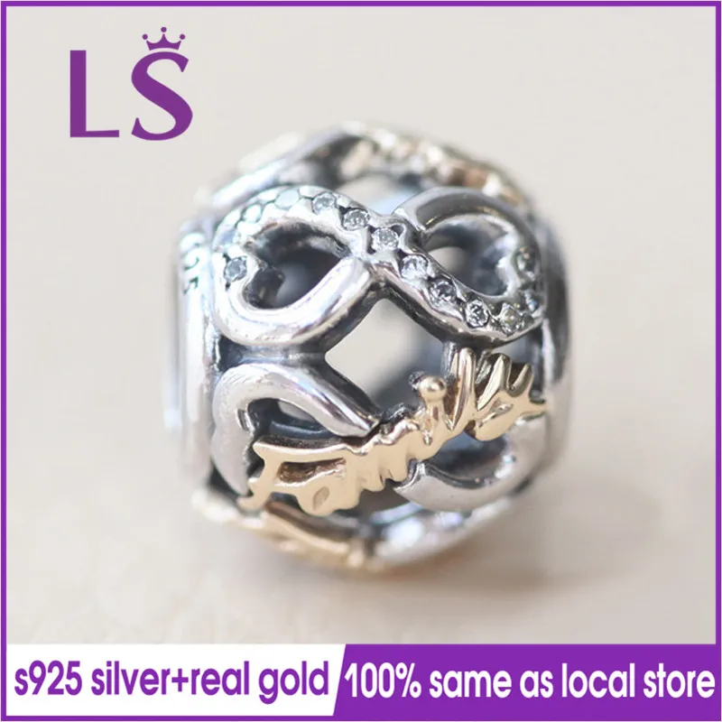 

LS 100% S925 Silver 1.4.k Solid G.old Openwork infinity silver charm with Family Forever and cubic Charm Fit Original Bracelets