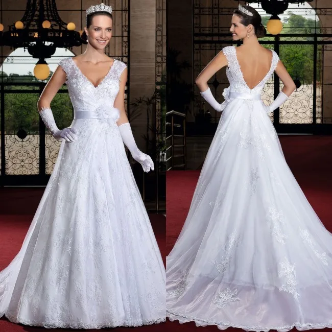 На заказ vestido de noiva А-силуэт v-образный вырез кружева свадебное платье Часовня Поезд vestido de renda модное свадебное платье
