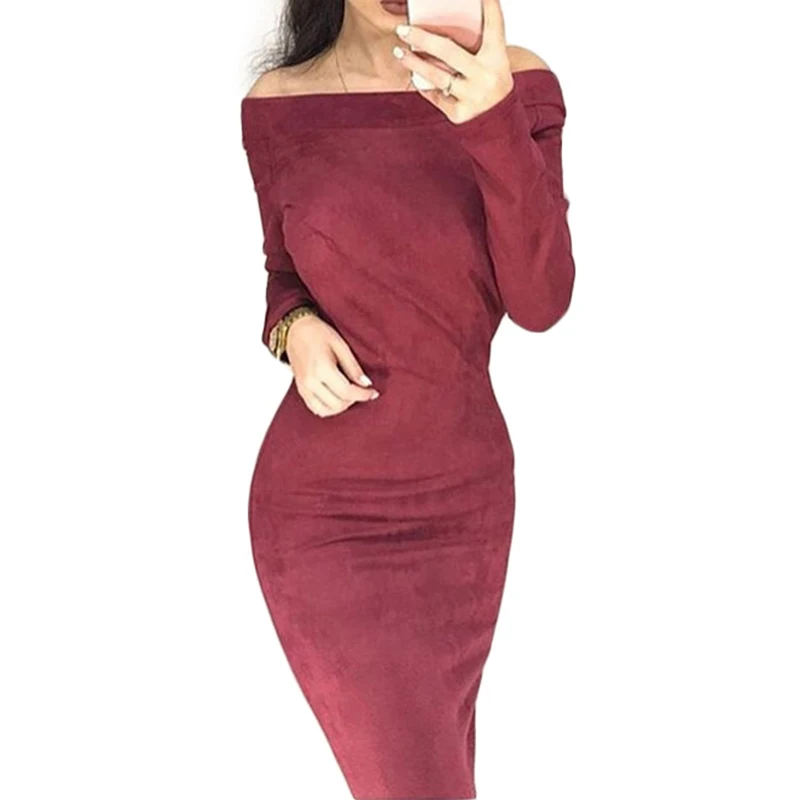 2018 Sexy Bodycon Off Shoulder Autumn Winter Women Dress Female Womens Holiday Party Casual Dresses Femme Solid Color Vestidos