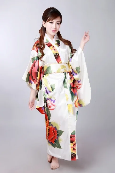 Многоцветный японский Для женщин шелковый атлас кимоно юката с Оби Винтаж вечернее платье Производительность Танцы платье Цветочный Один